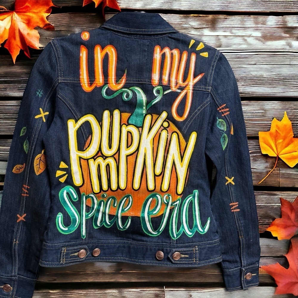 Hand Painted Jean Jacket: “In My Pumpkin Spice Era” I Ladies Size Small (NWOT)